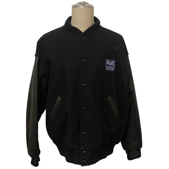 Vtg LAMASZ Wool Bomber Jacket Men's XL Black Leather Fox Sports TV Rocky Mtn - Picture 1 of 9